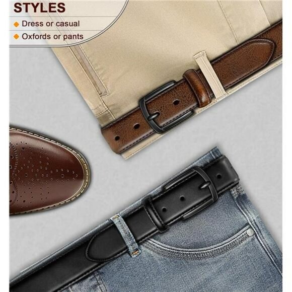 Men Leather Belt 2 Pack Adjustable Dress Belt Casual Jeans Belt 1 3 8 Inch - Picture 6 of 8